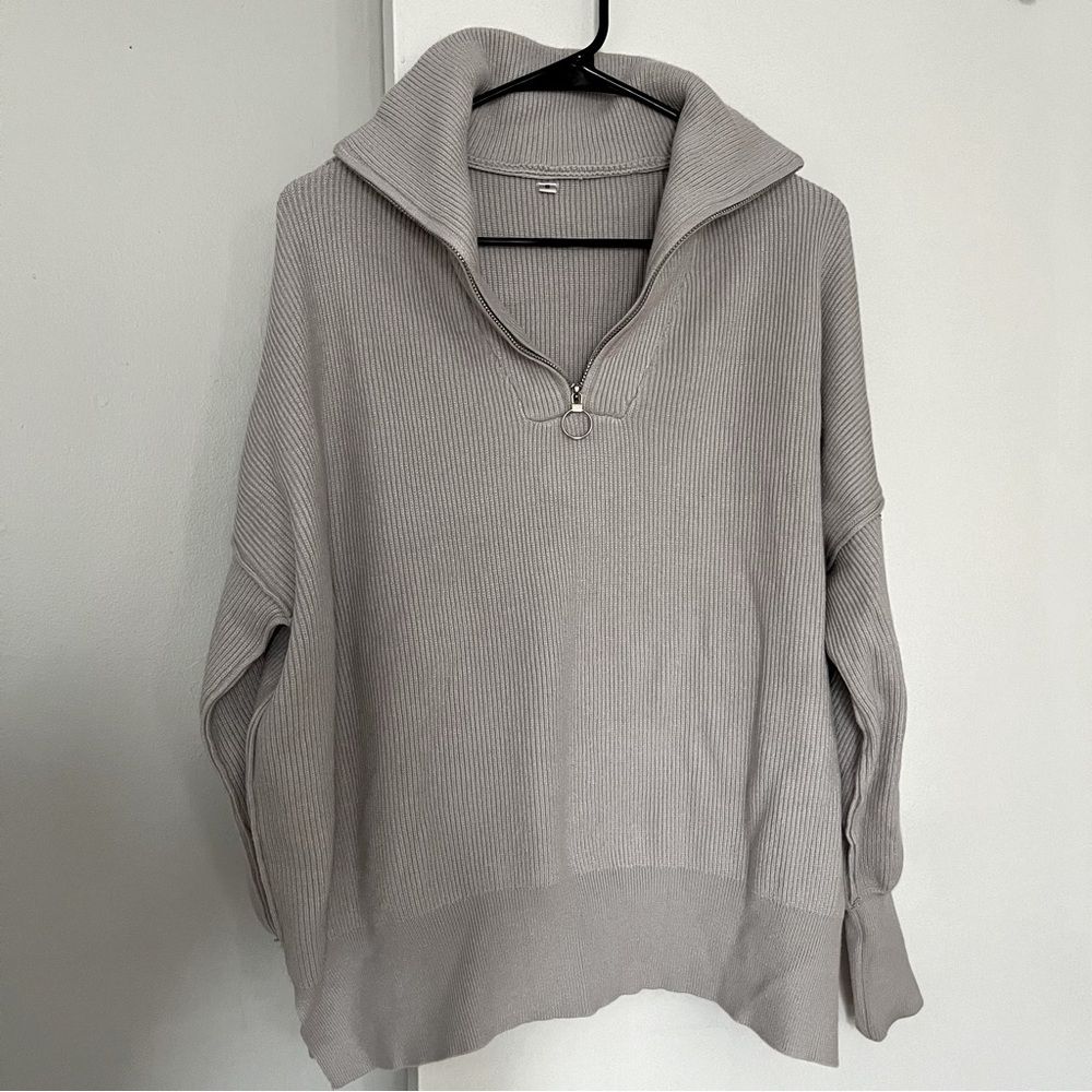 Long Sleeve 1/4 Zipper Collar Drop Shoulder Oversized Slouchy Sweater with Slit - Picture 6 of 8